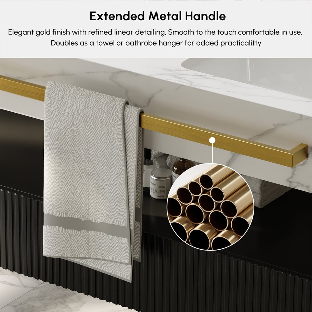 1400mm Double Sink Bathroom Vanity with Sintered Stone Countertop & Gold Towel Bar window image