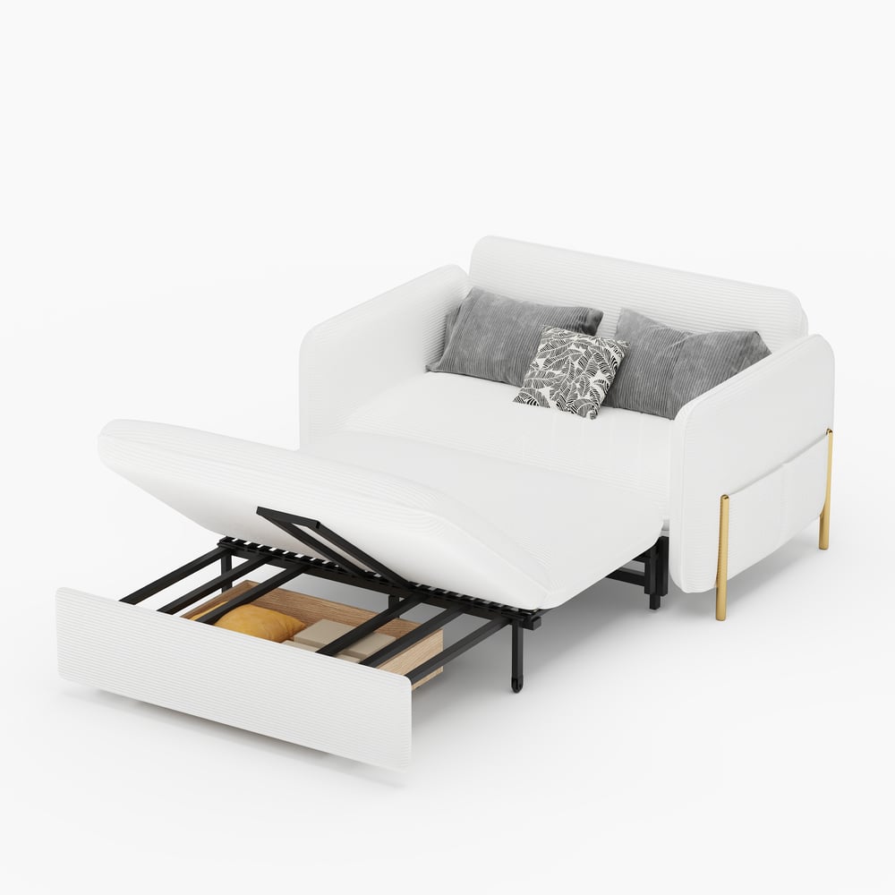 1360mm Full Sleeper Sofa White Corduroy Upholstered Convertible Sofa window image