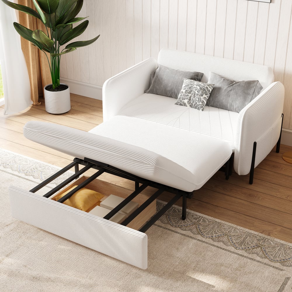54" Full 2-Seater White Corduroy Convertible Sleeper Sofa window image