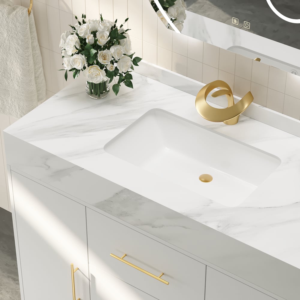 1000mm Freestanding White Bathroom Vanity, Sintered Stone Countertop & Gold Handles window image