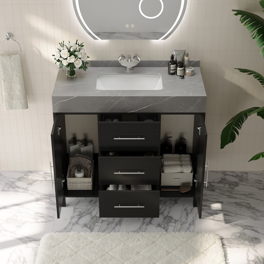 1000mm Freestanding Black Bathroom Vanity, Sintered Stone Countertop & Silver Handles window image