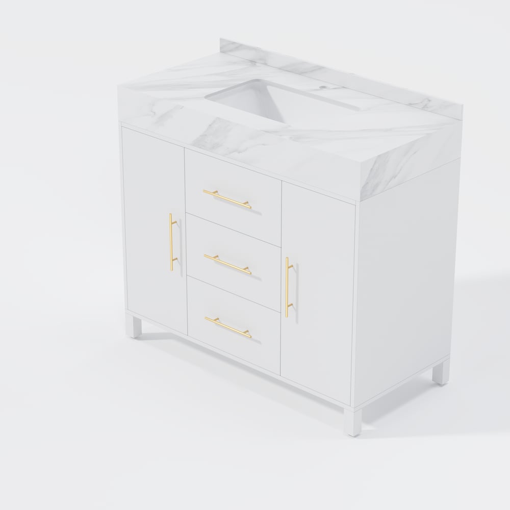 1000mm Freestanding White Bathroom Vanity, Sintered Stone Countertop & Gold Handles window image