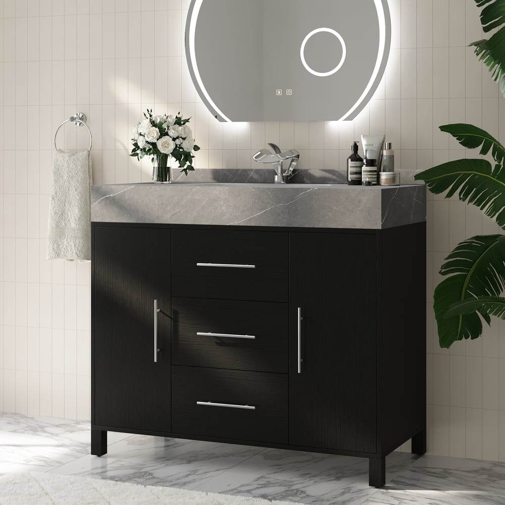 1000mm Freestanding Black Bathroom Vanity, Sintered Stone Countertop & Silver Handles window image