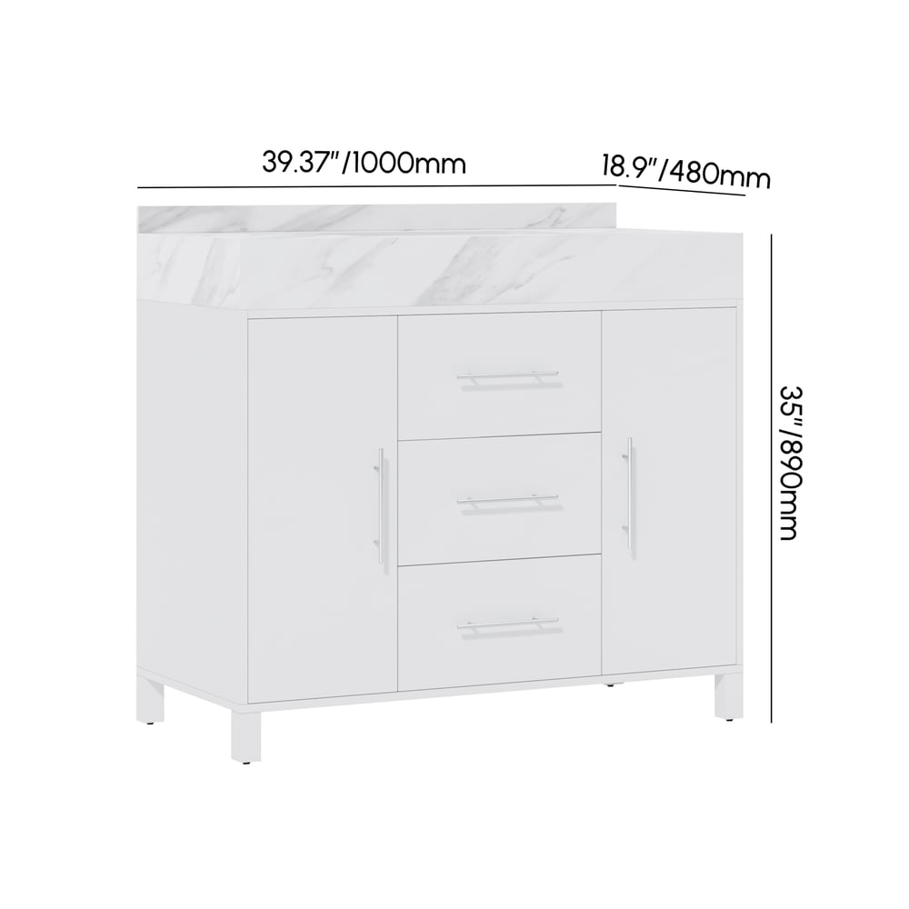 1000mm Freestanding White Bathroom Vanity, Sintered Stone Countertop & Silver Handles weights dimensions image