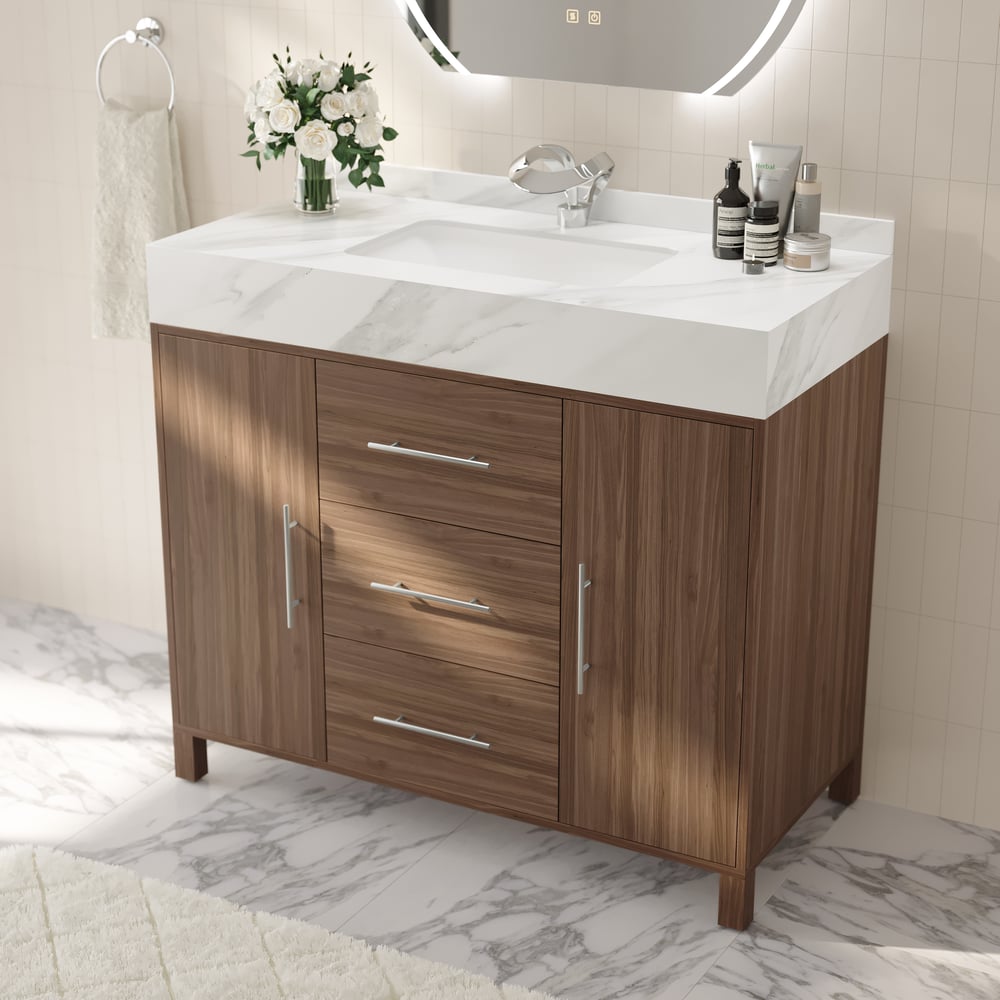 1000mm Walnut Freestanding Bathroom Vanity Sintered Stone Top & Silver Handles window image