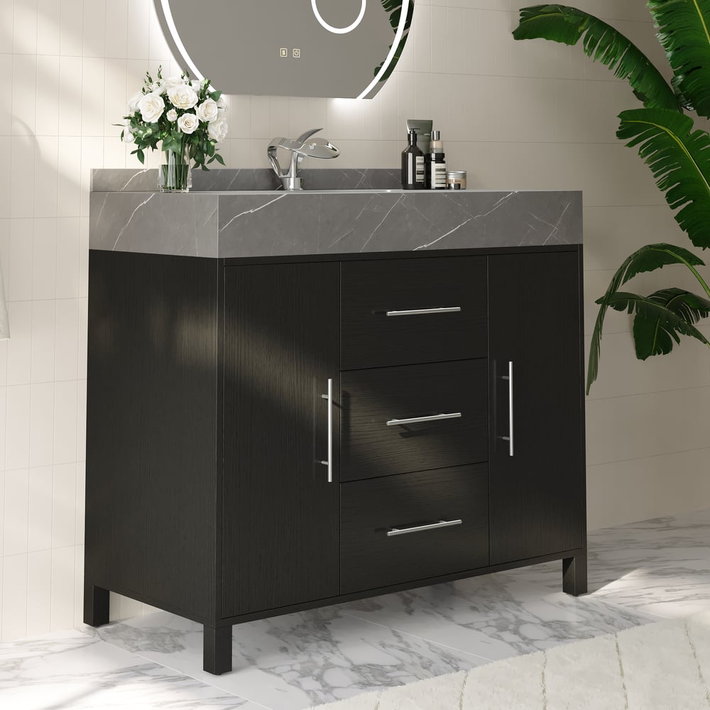 1000mm Freestanding Black Bathroom Vanity, Sintered Stone Countertop & Silver Handles window image