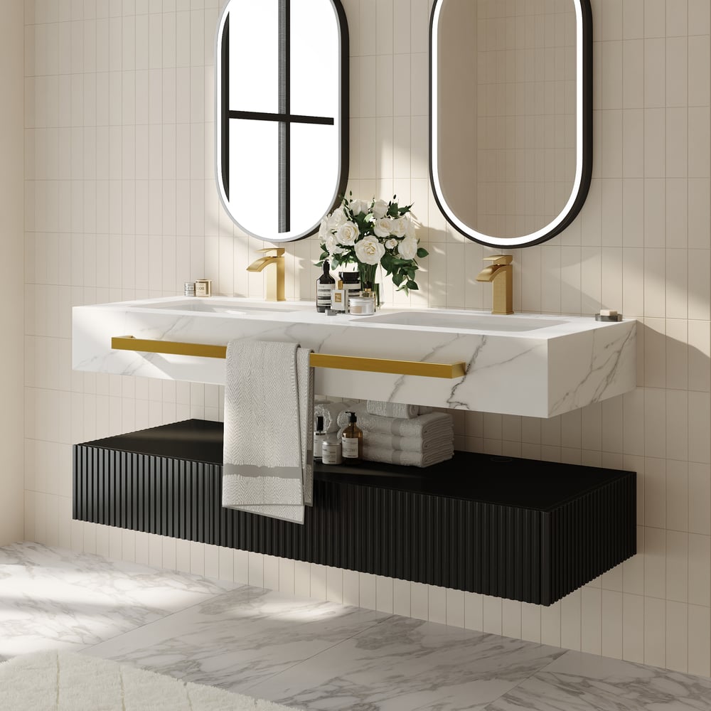 1400mm Double Sink Bathroom Vanity with Sintered Stone Countertop & Gold Towel Bar window image