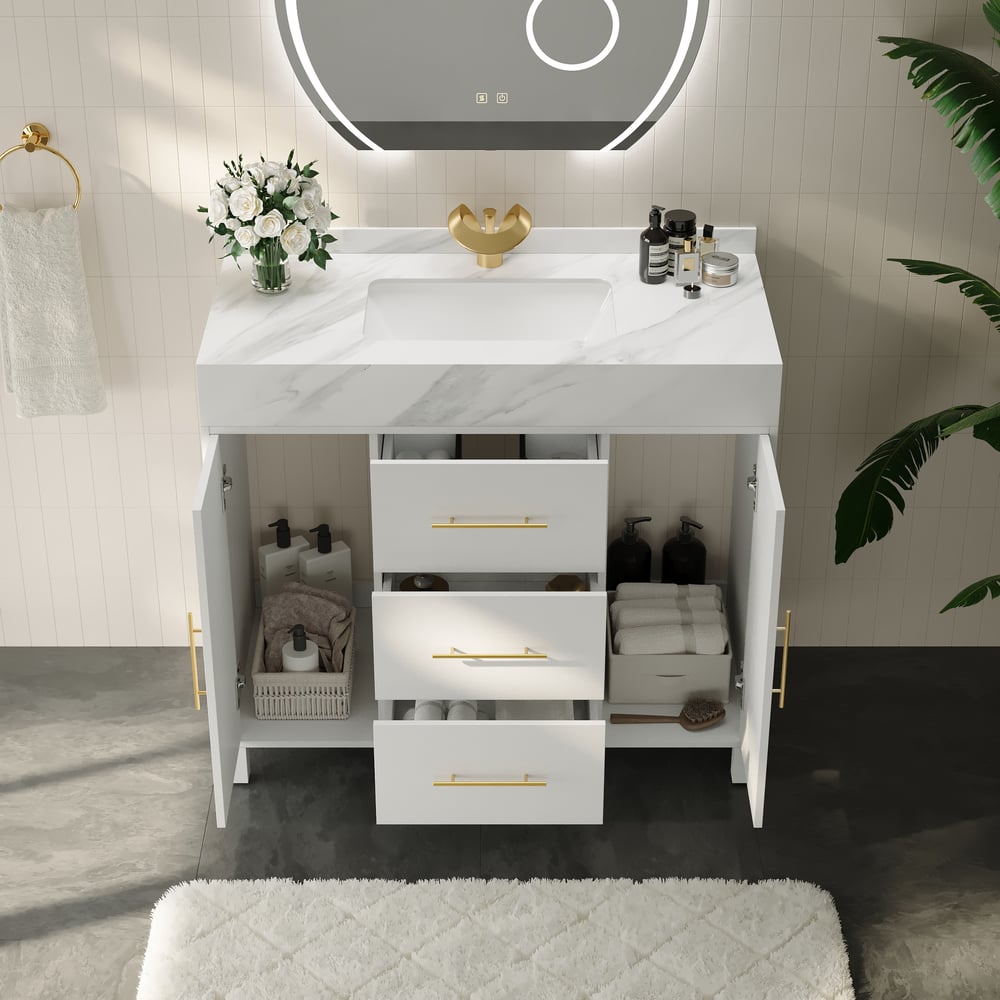 1000mm Freestanding White Bathroom Vanity, Sintered Stone Countertop & Gold Handles window image