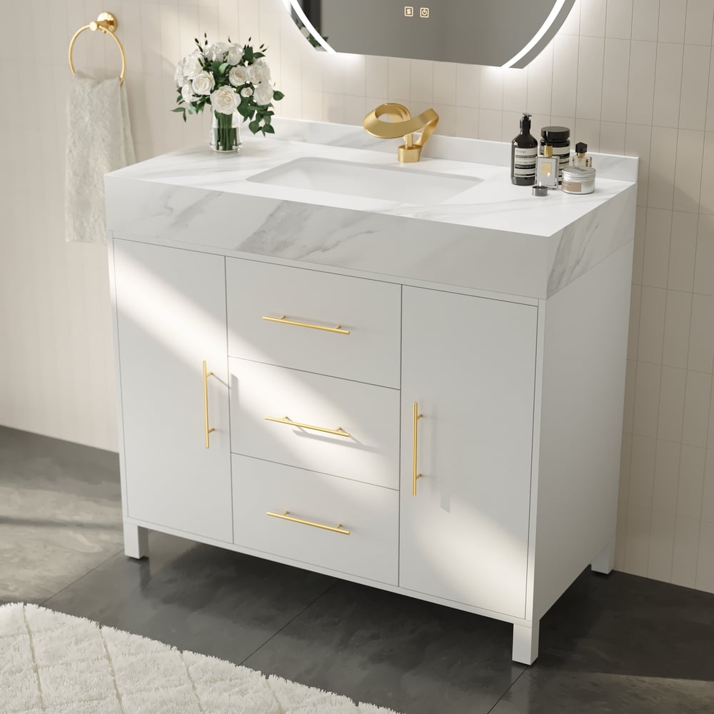 1000mm Freestanding White Bathroom Vanity, Sintered Stone Countertop & Gold Handles window image