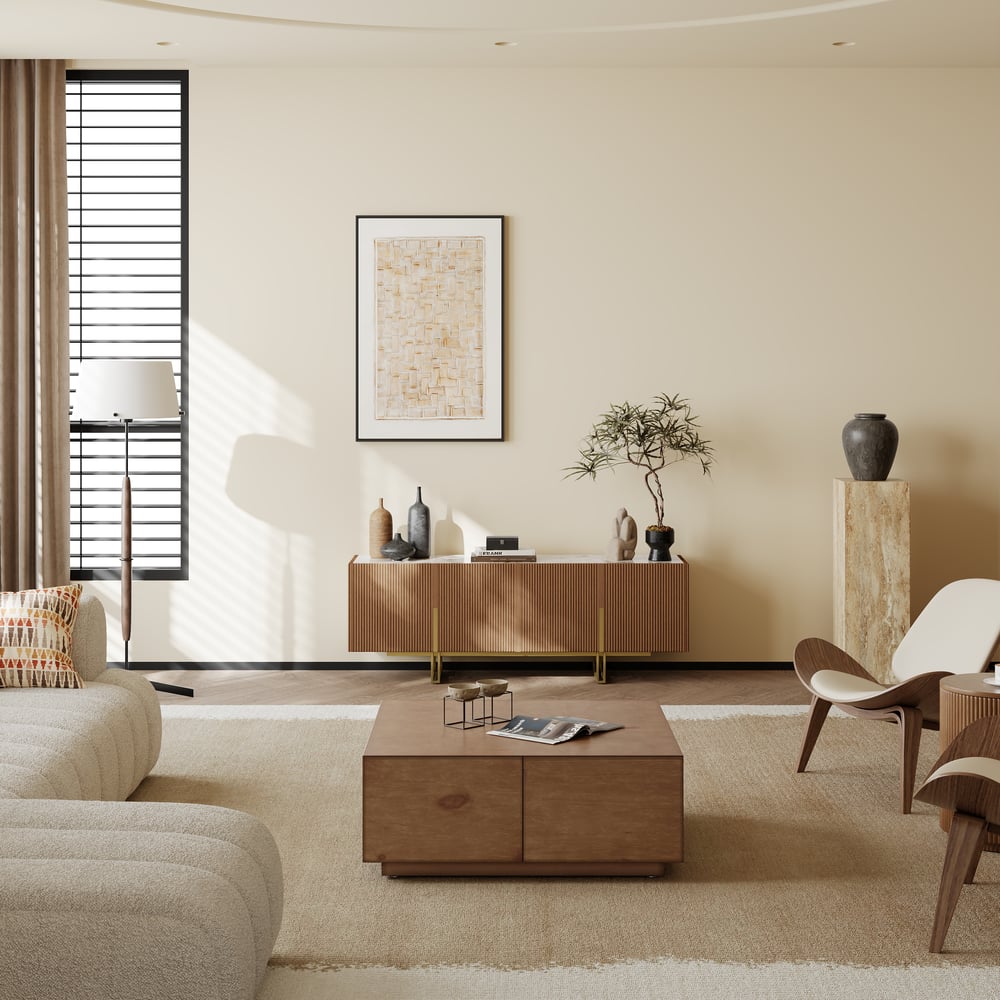 Supporto TV Grovyn con piano scanalato in pietra sinterizzata, 1500 mm, con portaoggetti Immagine della finestra