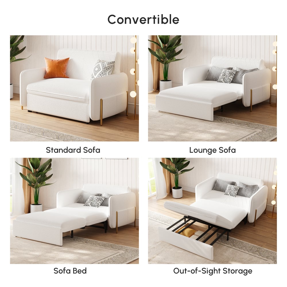 1360mm Full Sleeper Sofa White Corduroy Upholstered Convertible Sofa window image