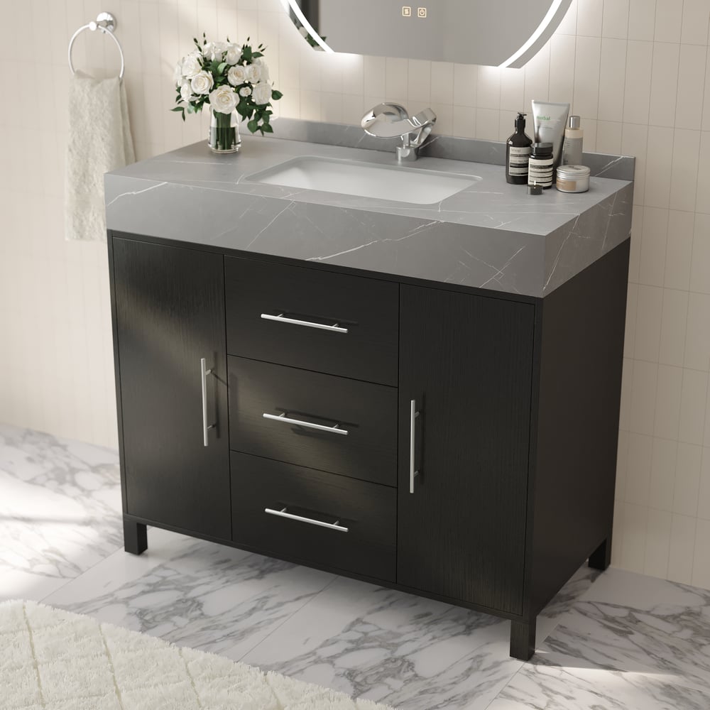 1000mm Freestanding Black Bathroom Vanity, Sintered Stone Countertop & Silver Handles window image