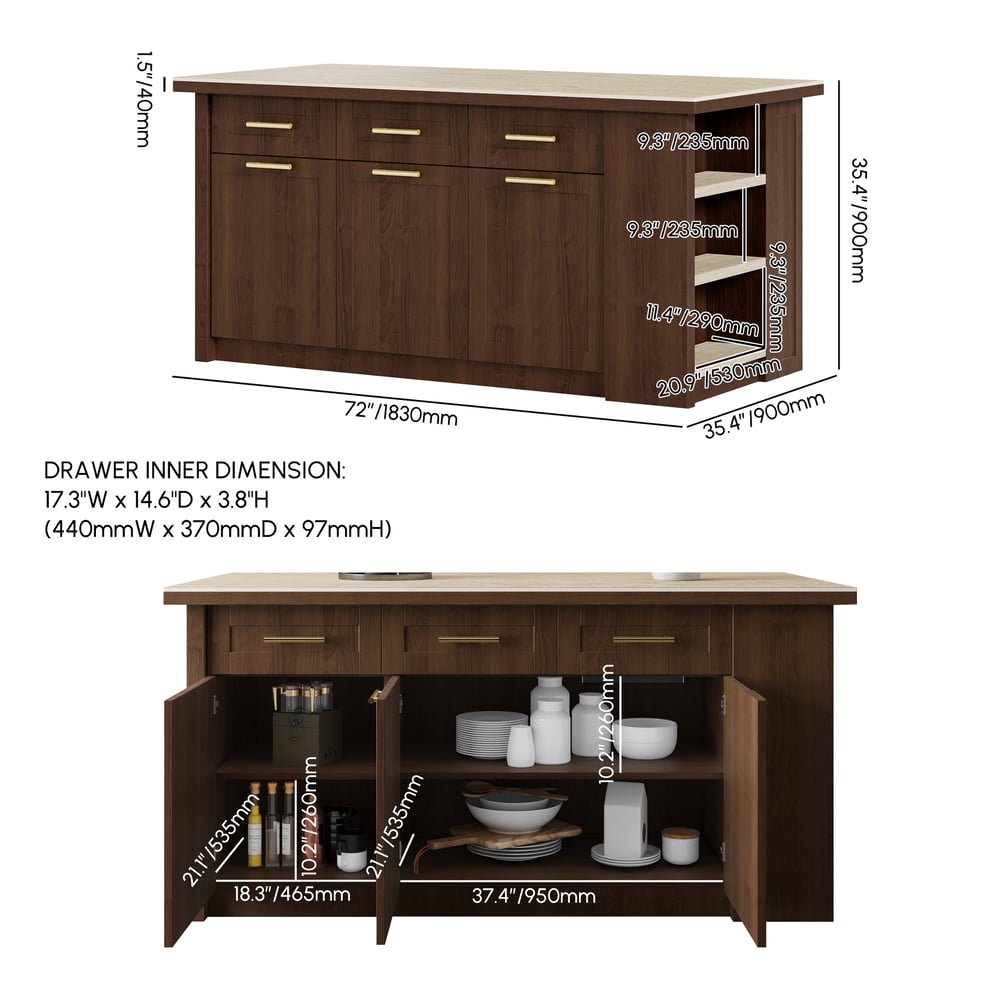 70.9" Modern Style Sintered Stone Kitchen Islands with Multi-Storage Walnut weights dimensions image