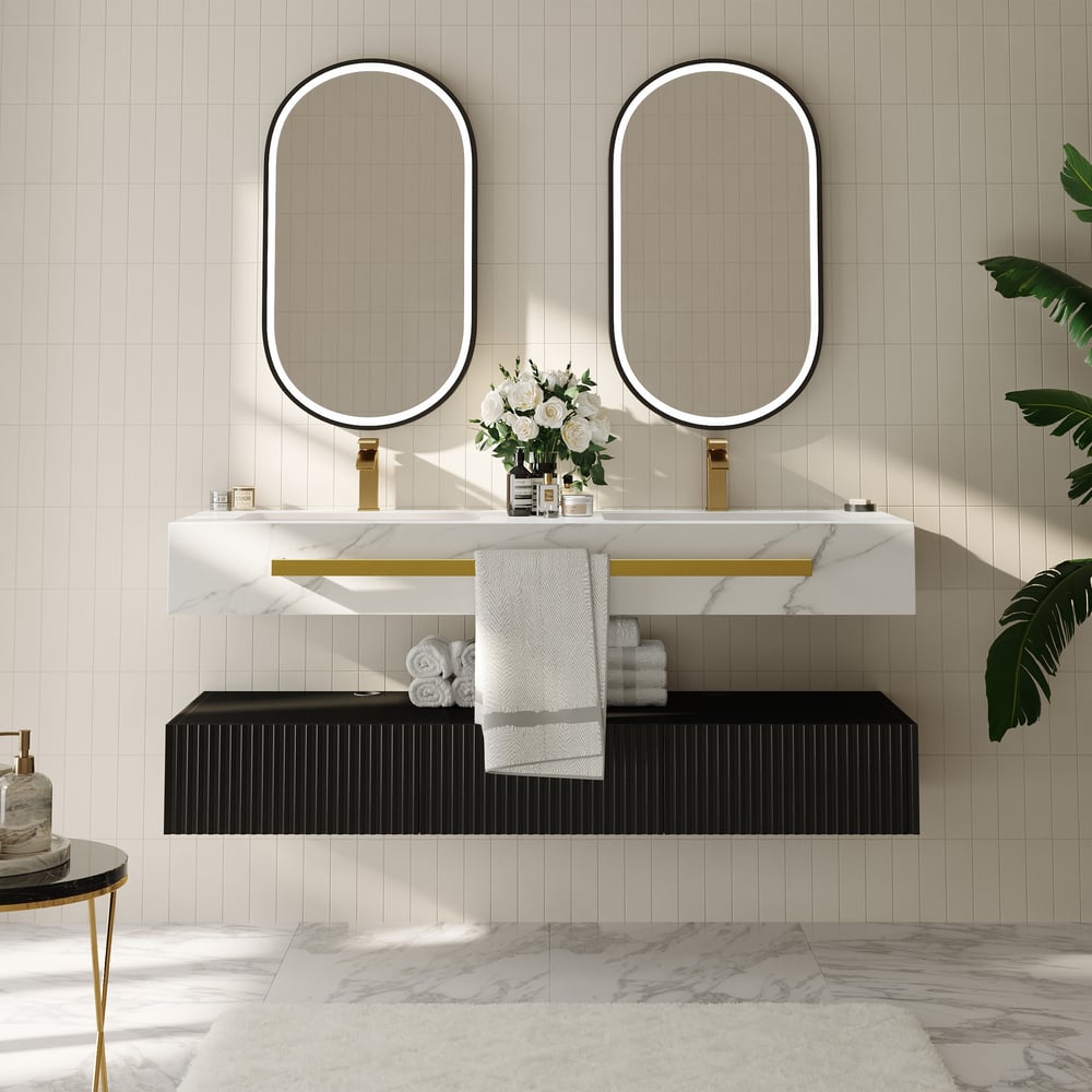 1400mm Double Sink Bathroom Vanity with Sintered Stone Countertop & Gold Towel Bar window image