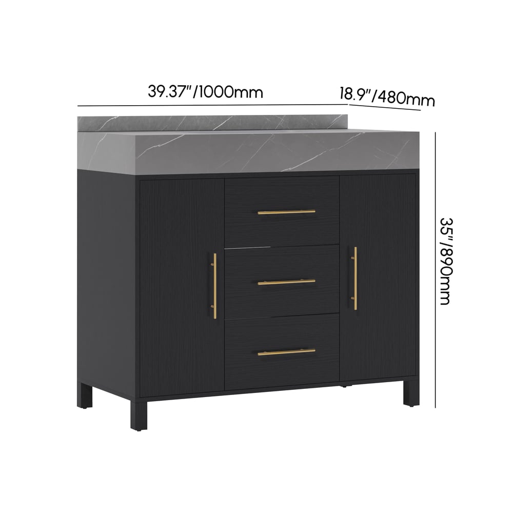 1000mm Freestanding Black Bathroom Vanity, Sintered Stone Countertop & Gold Handles weights dimensions image