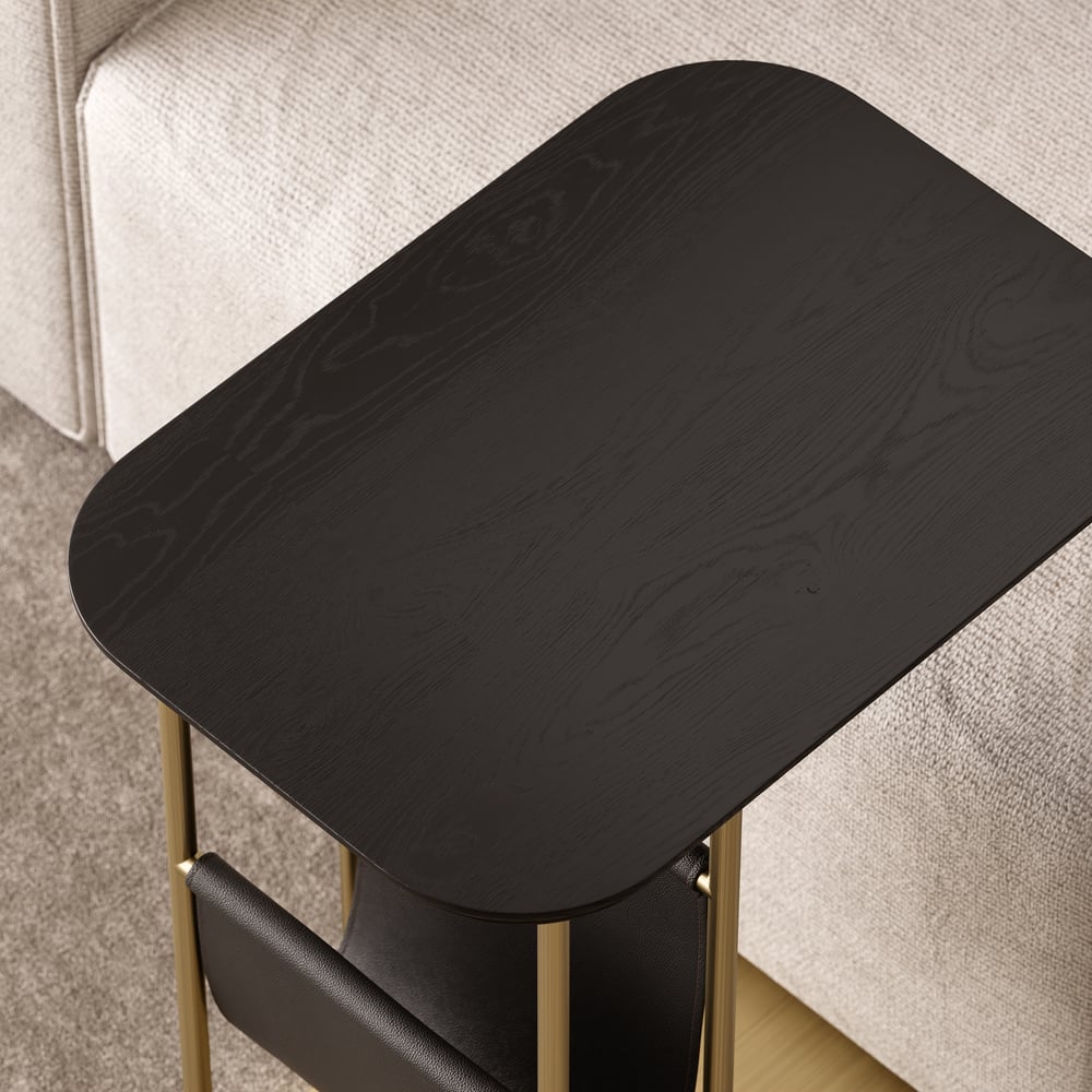 C-Shaped Black & Gold Rotating Side Table with Storage window image