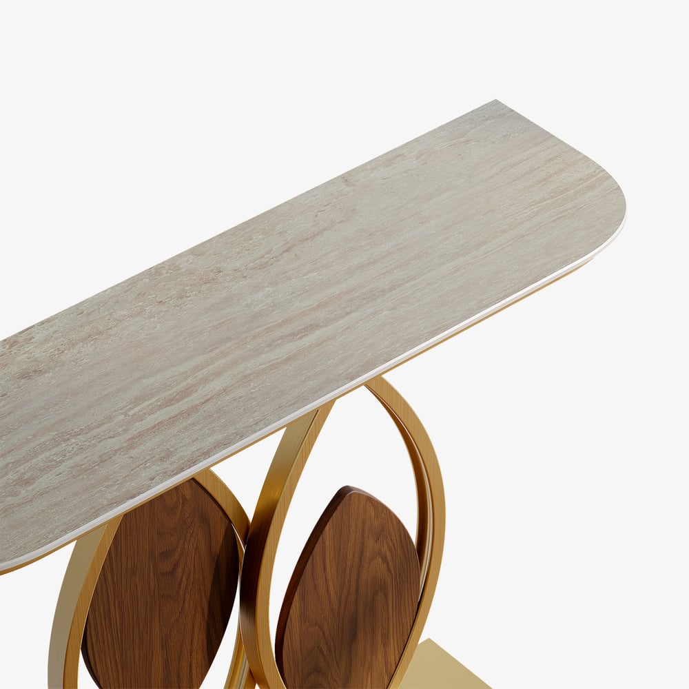 Table console Duo 1000 mm, table d'appoint moderne pour entrée avec dessus en travertin mat image de fenêtre