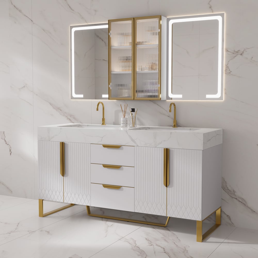 Ensemble de vanité autoportant à double évier de 1500 mm avec armoire à pharmacie LED avec rangement image de fenêtre