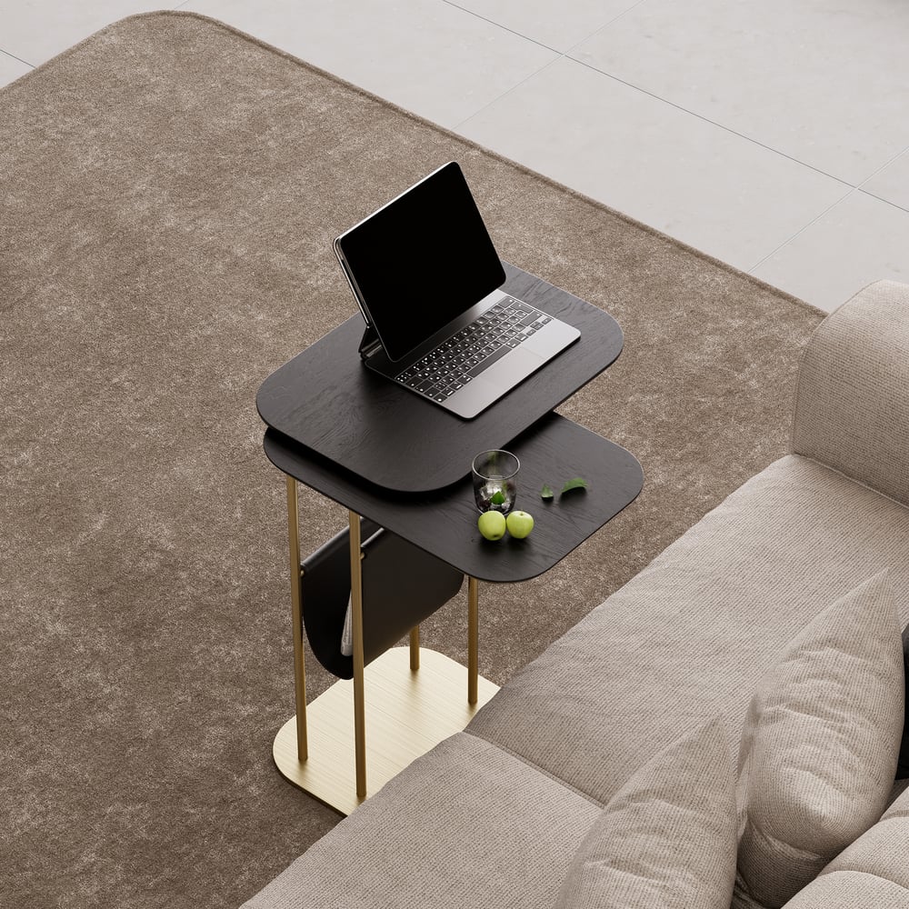 C-Shaped Black & Gold Rotating Side Table with Storage window image