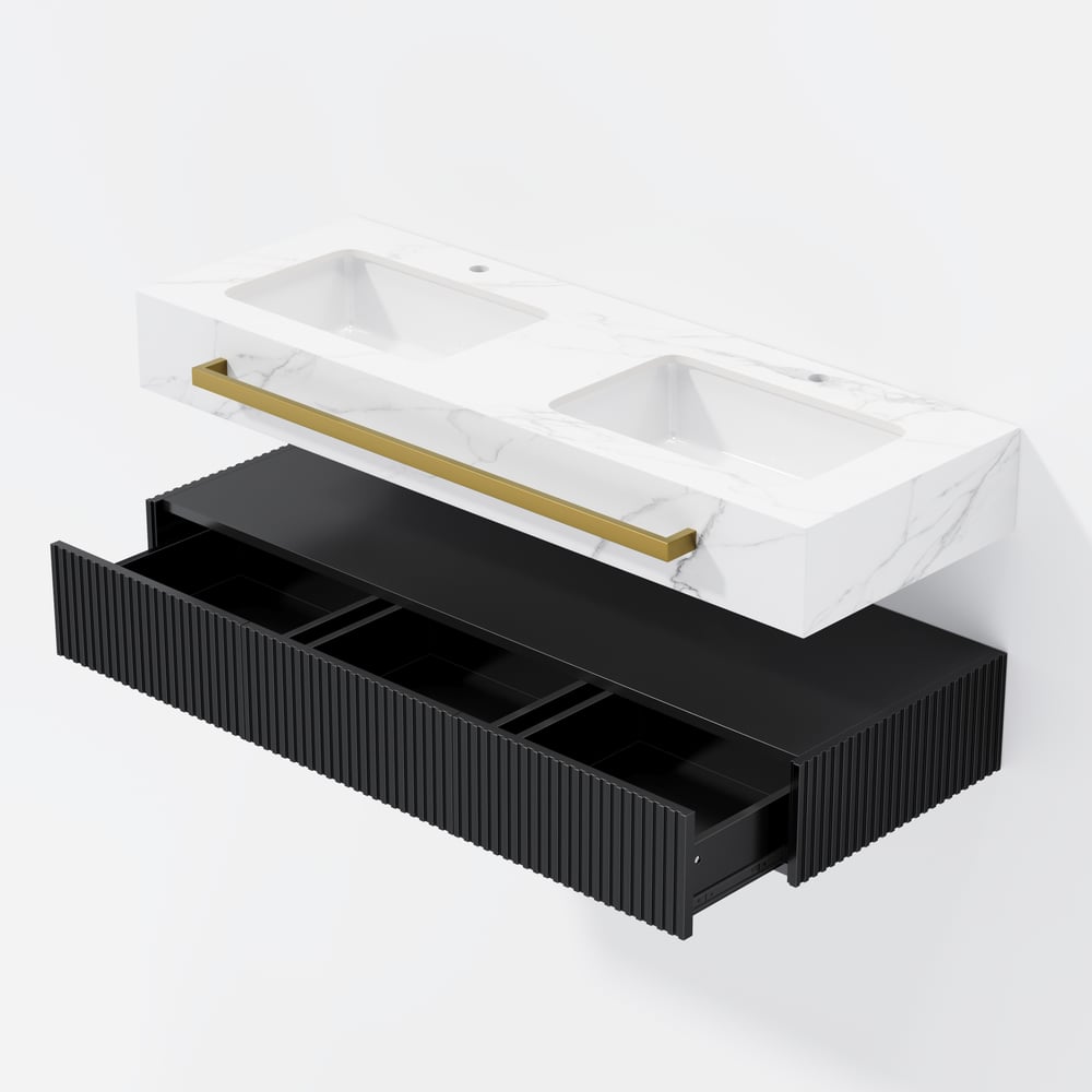 1400mm Double Sink Bathroom Vanity with Sintered Stone Countertop & Gold Towel Bar window image