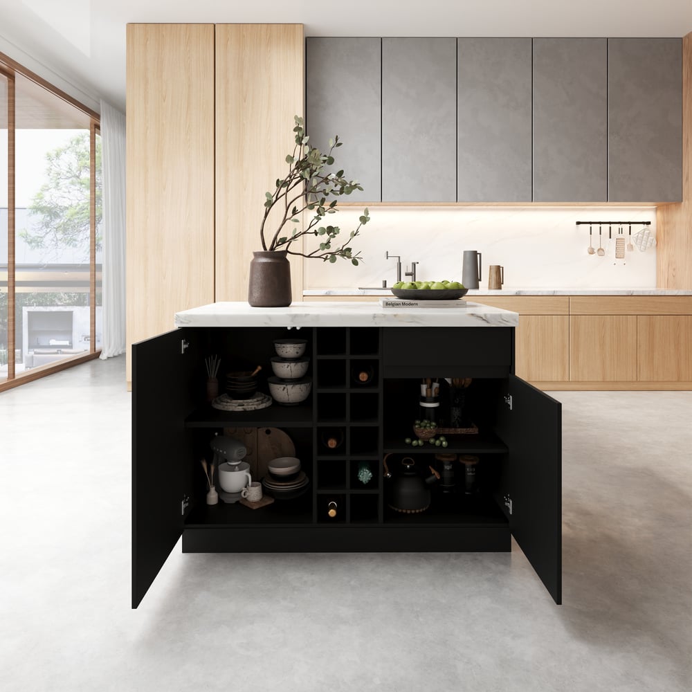 Armoire de cuisine de rangement en bois noir et blanc Japandi Kitchen Island 1270 mm avec lumière image de fenêtre