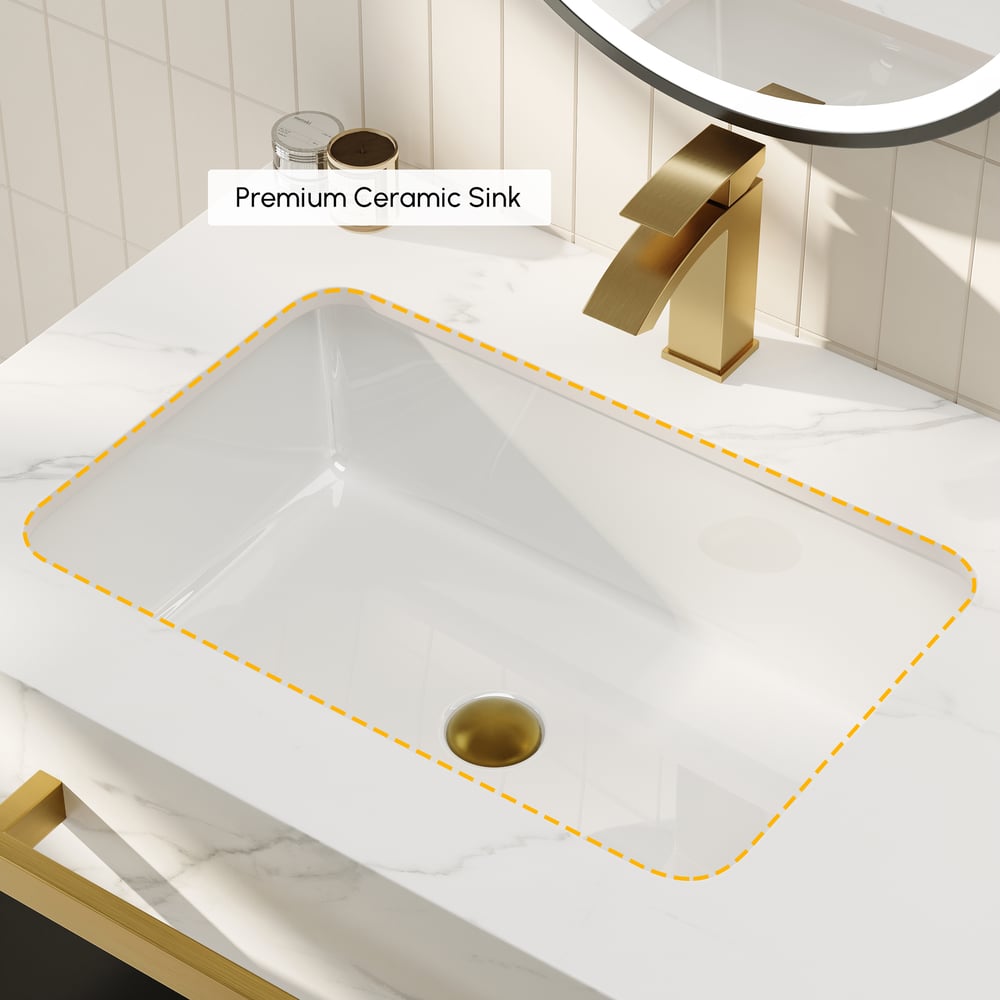 1400mm Double Sink Bathroom Vanity with Sintered Stone Countertop & Gold Towel Bar window image
