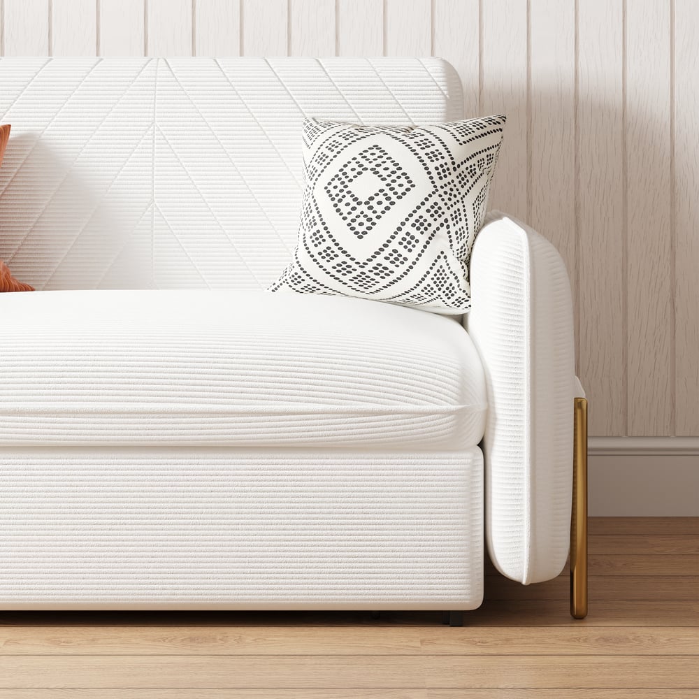 1360mm Full Sleeper Sofa White Corduroy Upholstered Convertible Sofa window image