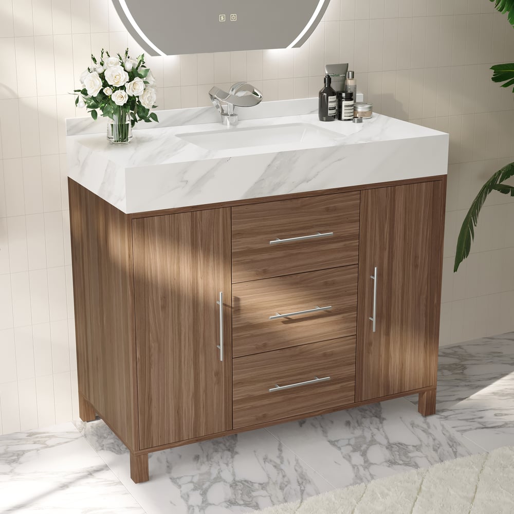 1000mm Walnut Freestanding Bathroom Vanity Sintered Stone Top & Silver Handles window image