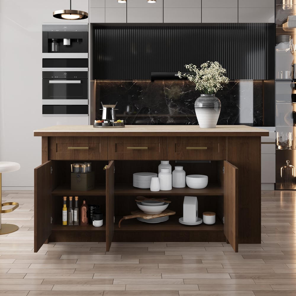 70.9" Modern Style Sintered Stone Kitchen Islands with Multi-Storage Walnut window image