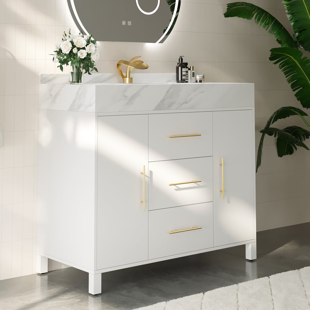 1000mm Freestanding White Bathroom Vanity, Sintered Stone Countertop & Gold Handles window image