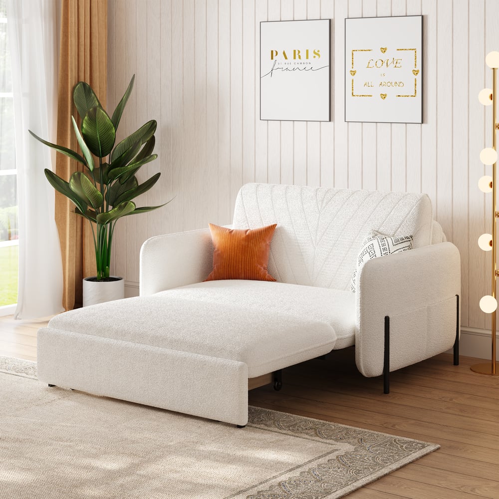 1360mm Full Sleeper Sofa White Boucle Upholstered Convertible Sofa window image