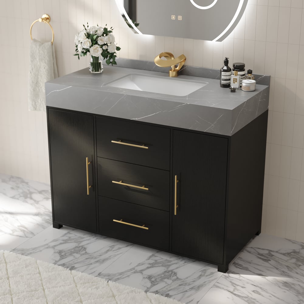 1000mm Freestanding Black Bathroom Vanity, Sintered Stone Countertop & Gold Handles window image