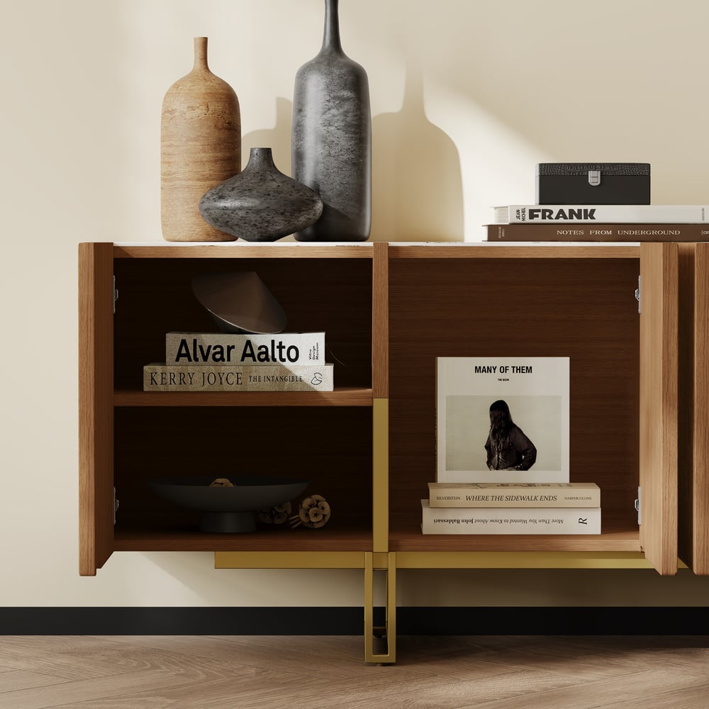 Supporto TV Grovyn con piano scanalato in pietra sinterizzata, 1500 mm, con portaoggetti Immagine della finestra