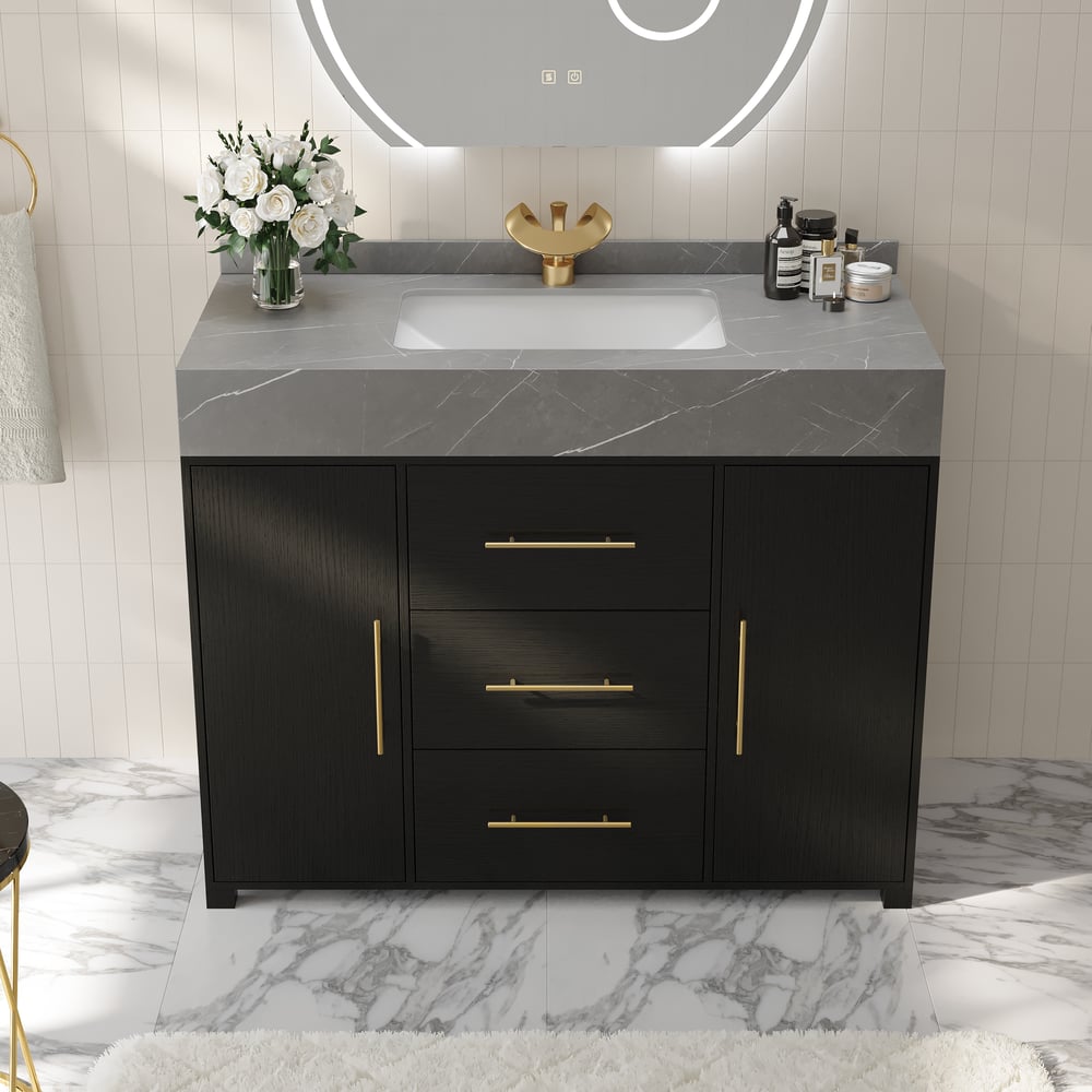 1000mm Freestanding Black Bathroom Vanity, Sintered Stone Countertop & Gold Handles window image