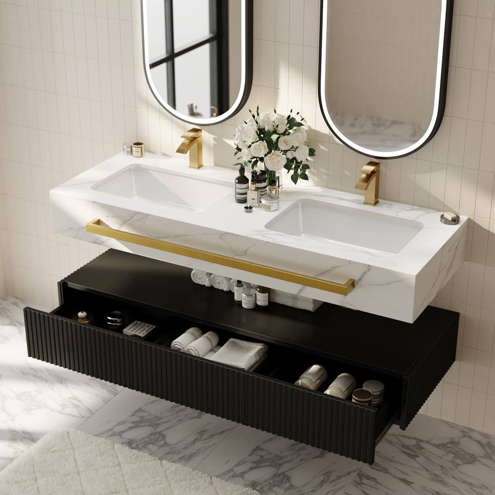 1400mm Double Sink Bathroom Vanity with Sintered Stone Countertop & Gold Towel Bar window image