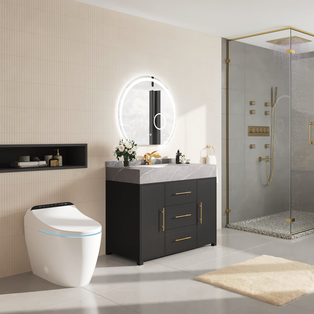 1000mm Freestanding Black Bathroom Vanity, Sintered Stone Countertop & Gold Handles window image