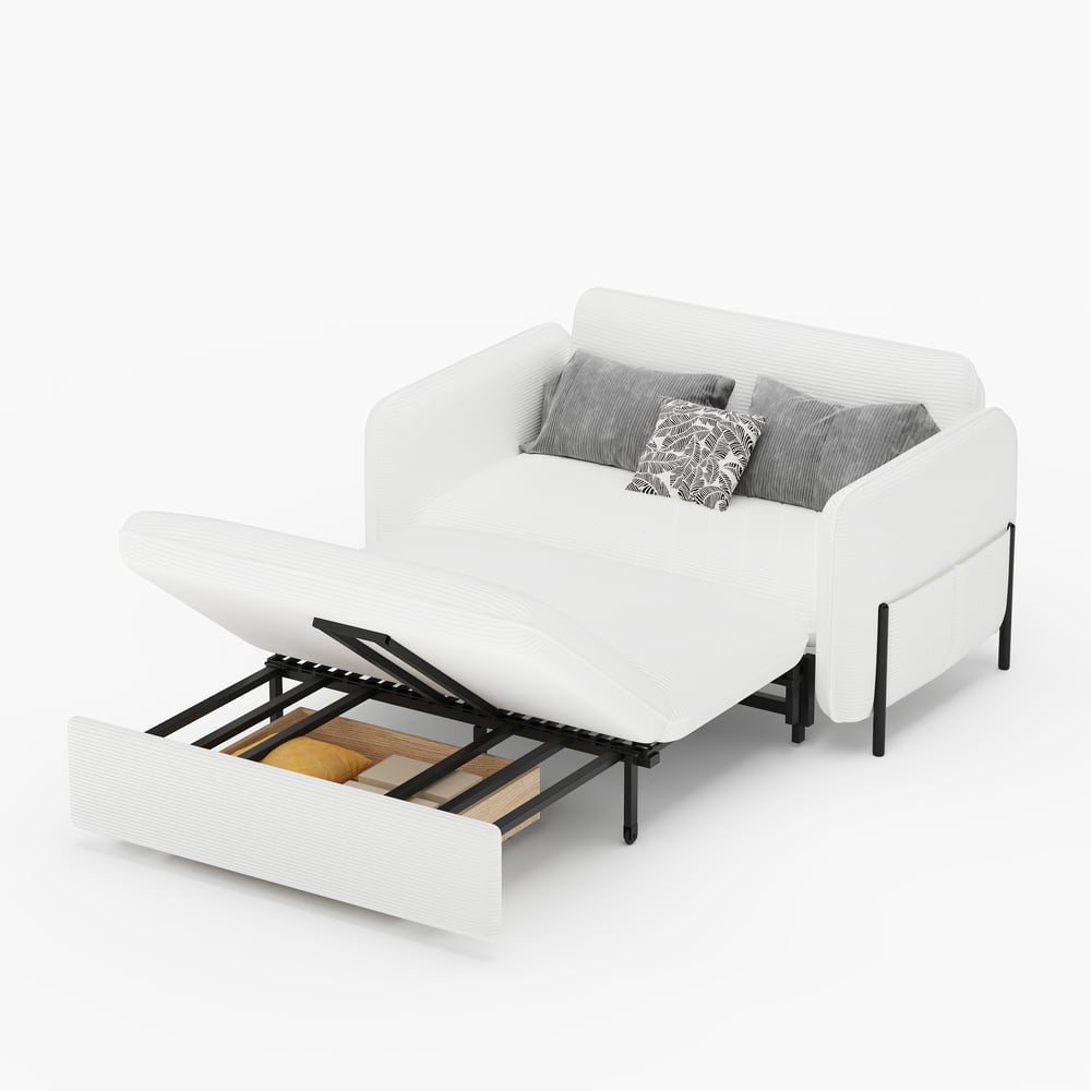54" Full 2-Seater White Corduroy Convertible Sleeper Sofa window image