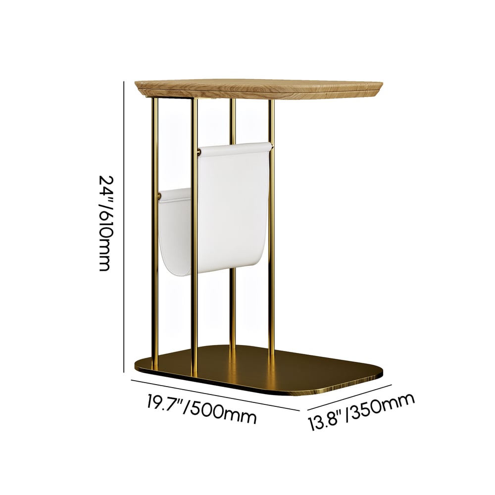 Table d'appoint rotative naturelle et dorée en forme de C avec rangement Poids, dimensions, image