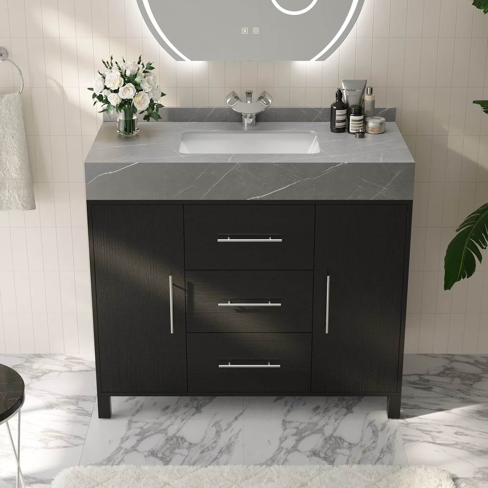 1000mm Freestanding Black Bathroom Vanity, Sintered Stone Countertop & Silver Handles window image