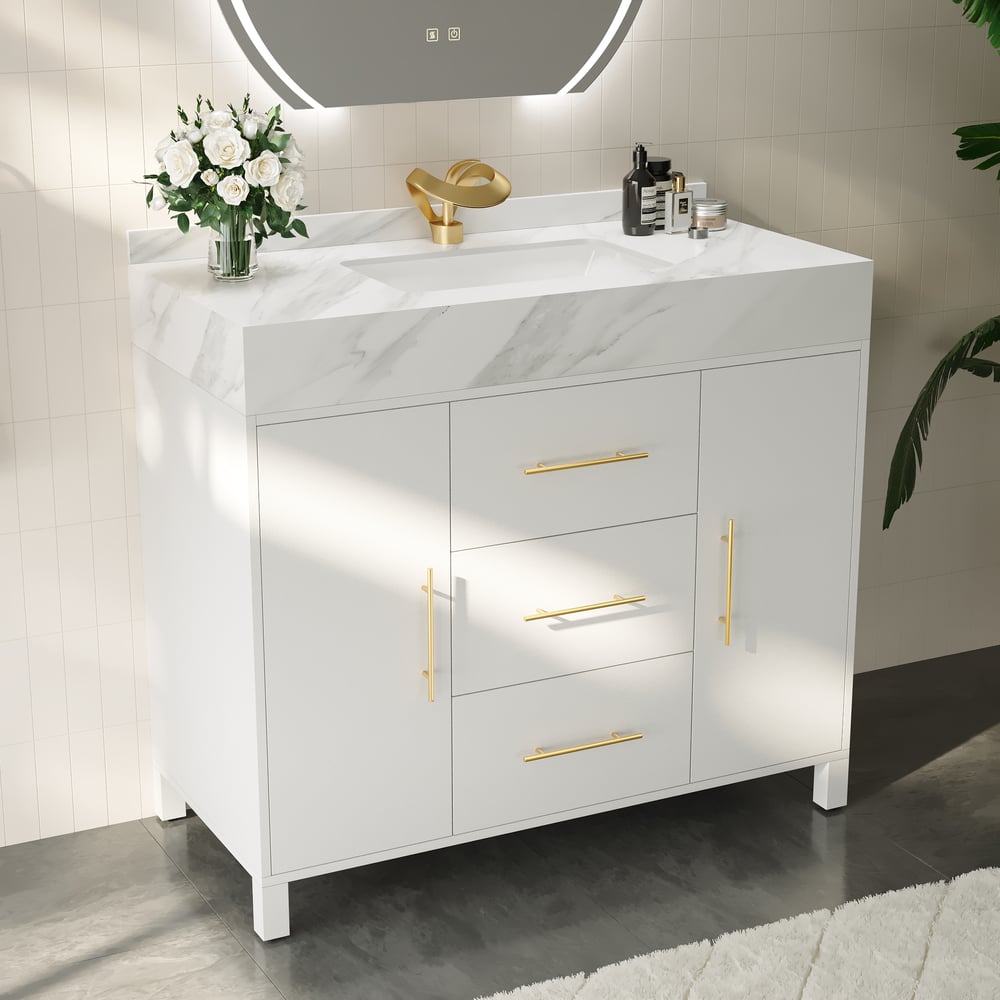 1000mm Freestanding White Bathroom Vanity, Sintered Stone Countertop & Gold Handles window image