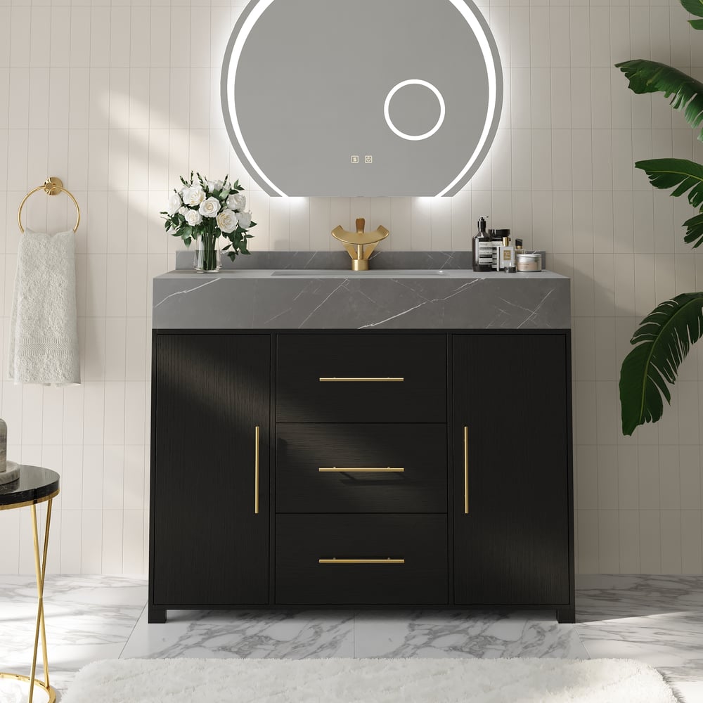 1000mm Freestanding Black Bathroom Vanity, Sintered Stone Countertop & Gold Handles window image