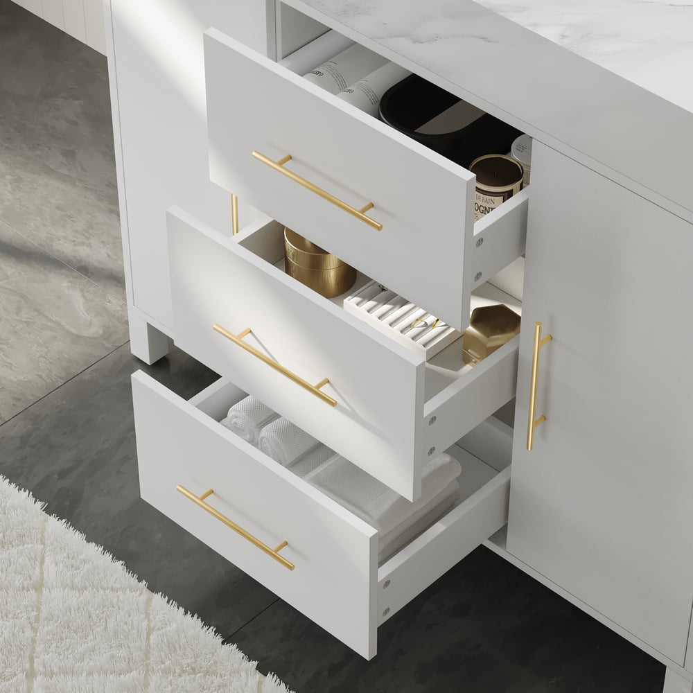 1000mm Freestanding White Bathroom Vanity, Sintered Stone Countertop & Gold Handles window image