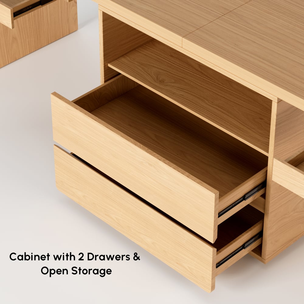 Mesa dupla para 2 pessoas Mesa de escritório retangular natural com 4 gavetas e 1 armário (2400 mm) Imagem da janela