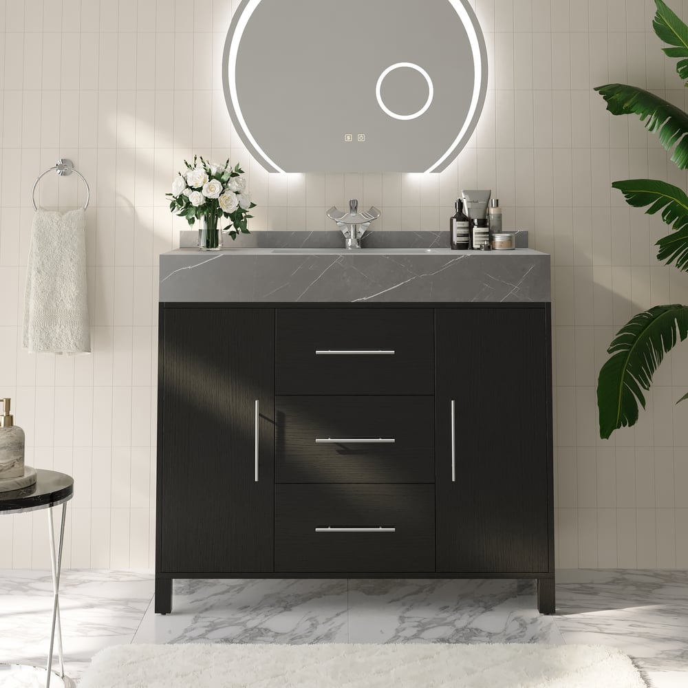1000mm Freestanding Black Bathroom Vanity, Sintered Stone Countertop & Silver Handles window image