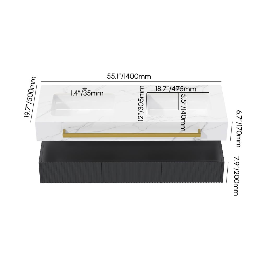 1400mm Double Sink Bathroom Vanity with Sintered Stone Countertop & Gold Towel Bar weights dimensions image