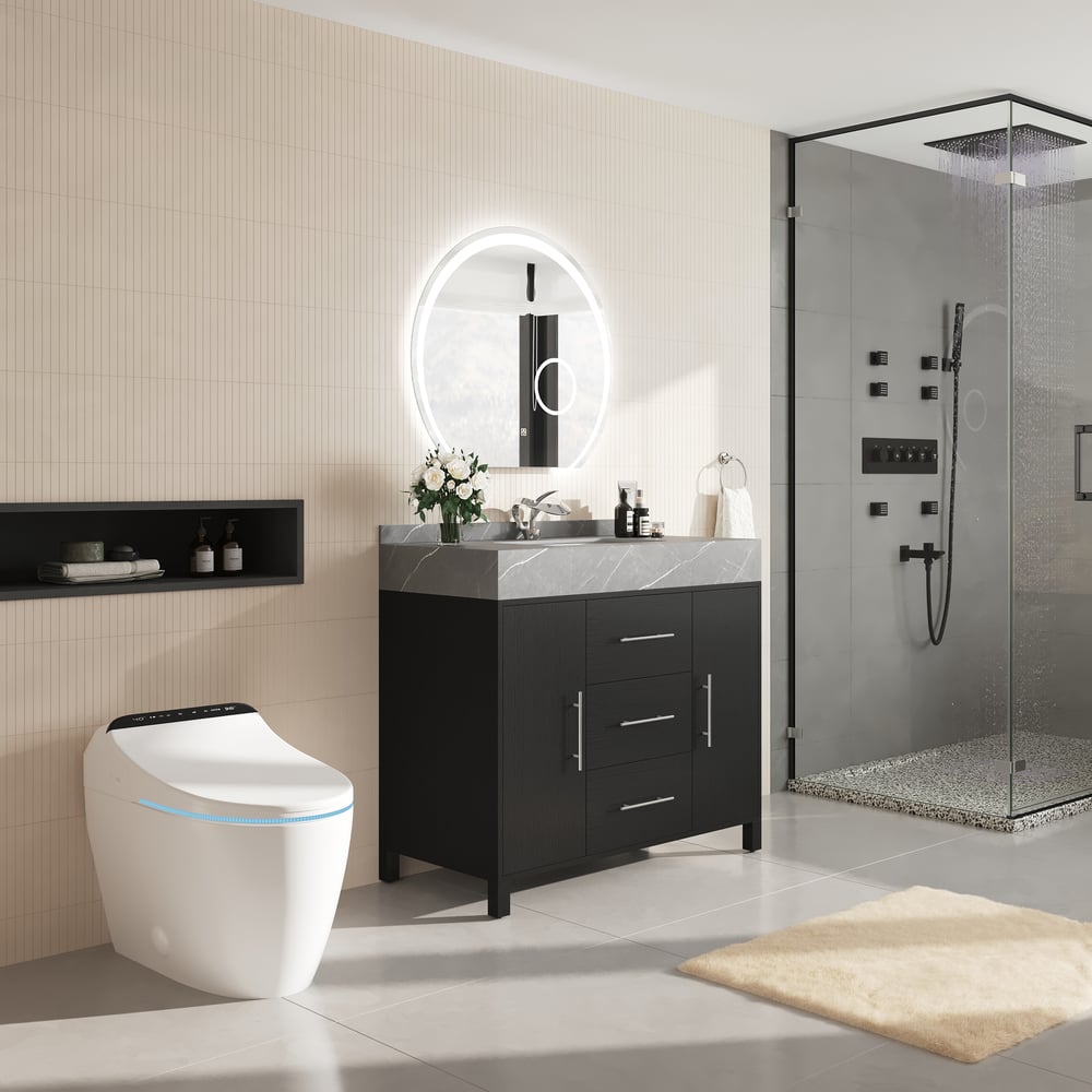 1000mm Freestanding Black Bathroom Vanity, Sintered Stone Countertop & Silver Handles window image