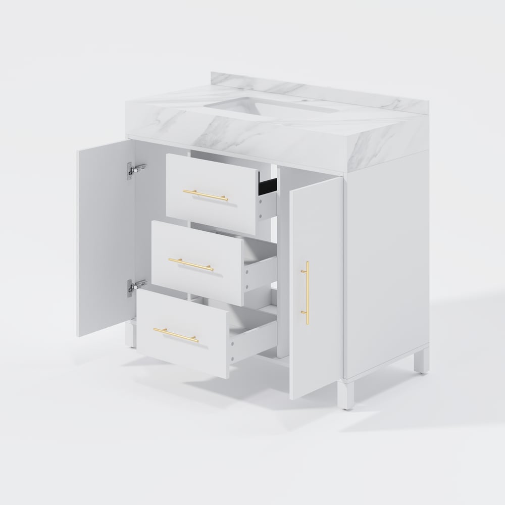 1000mm Freestanding White Bathroom Vanity, Sintered Stone Countertop & Gold Handles window image