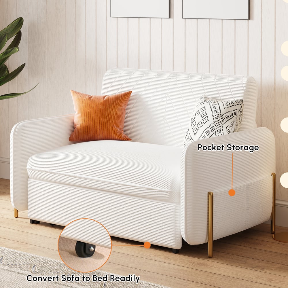1360mm Full Sleeper Sofa White Corduroy Upholstered Convertible Sofa window image