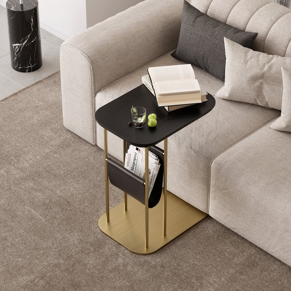 C-Shaped Black & Gold Rotating Side Table with Storage window image