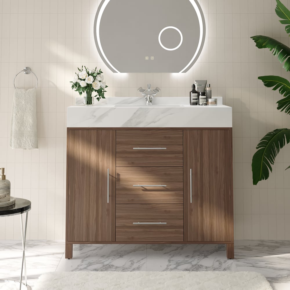 1000mm Walnut Freestanding Bathroom Vanity Sintered Stone Top & Silver Handles window image